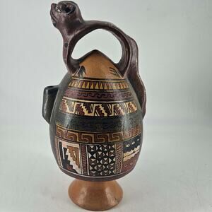 Peruvian hand painted clay pottery jug Cusco Peru hand painted South American